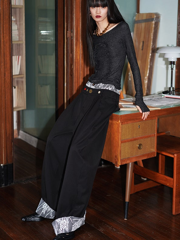 Lace Splicing Flap Loose Wide Leg Pants