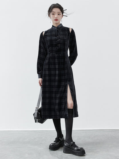 Chinese Style Houndstooth Velvet Stand Collar Dress