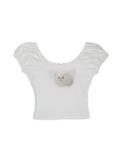 Engelskatze &amp; Bunny Bow Round Neck T-Shirt