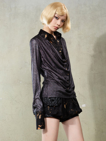 Fake Layered Design Glossy Drape Shirt Cardigan