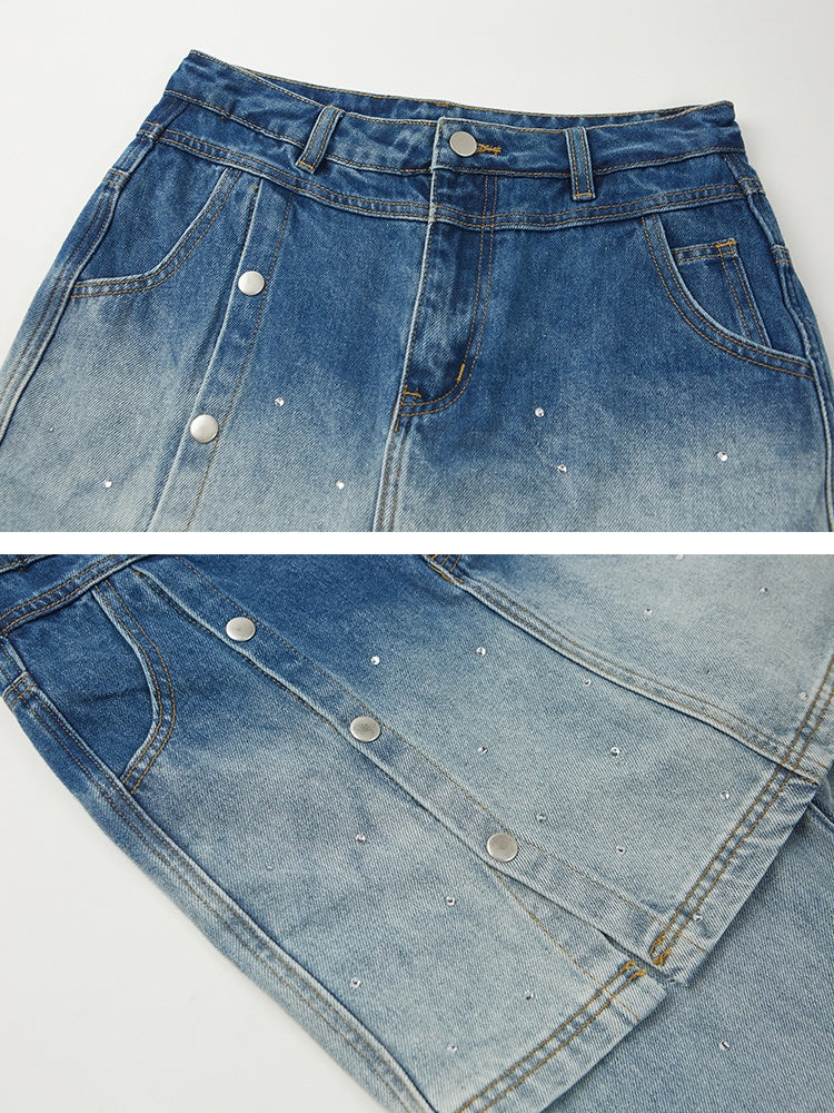 Fake Two-piece Gradation Wash Flared Denim Skirt Pants