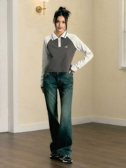 Embroidery Casual Polo Collar Long-sleeved Top