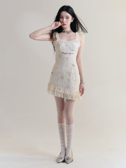 Butterfly Lace Embroidered Strap Dress