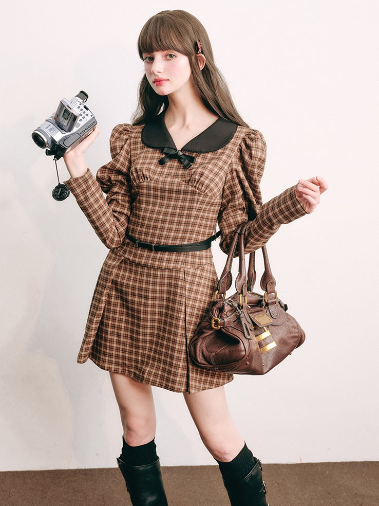 Plaid Retro Bubble Sleeve Kleid