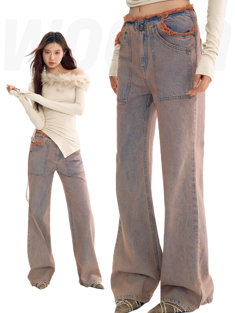 Denim Washed Casual Cut-Off Tassel Flare-Pants