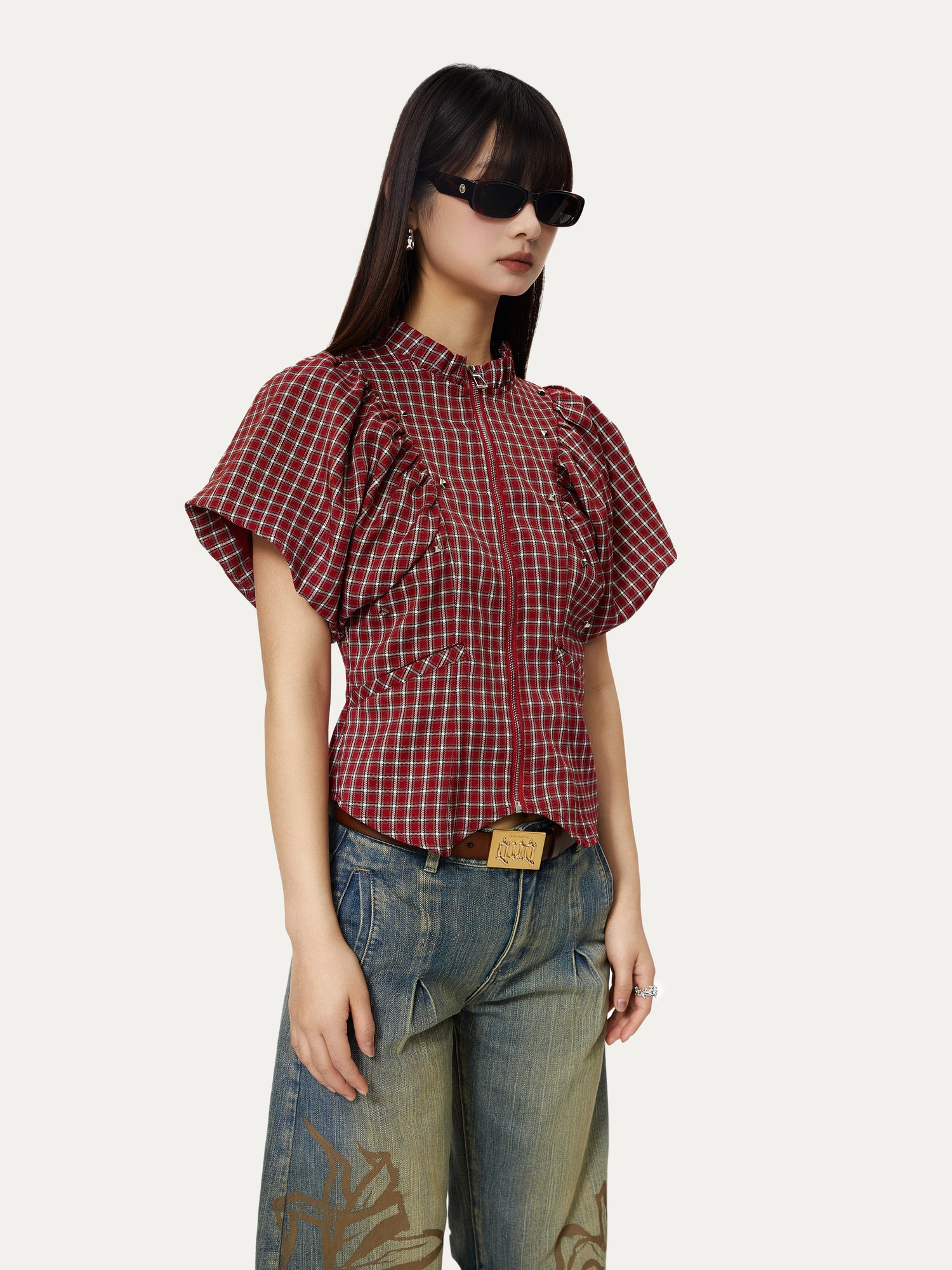 Plaid Flower Bud Short Sleeve Shirt