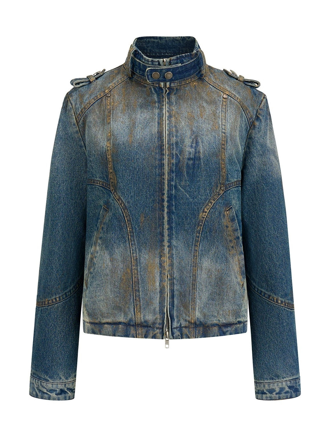 Gold-brushed Slim-fitting Stand-Collar Denim Short Jacket