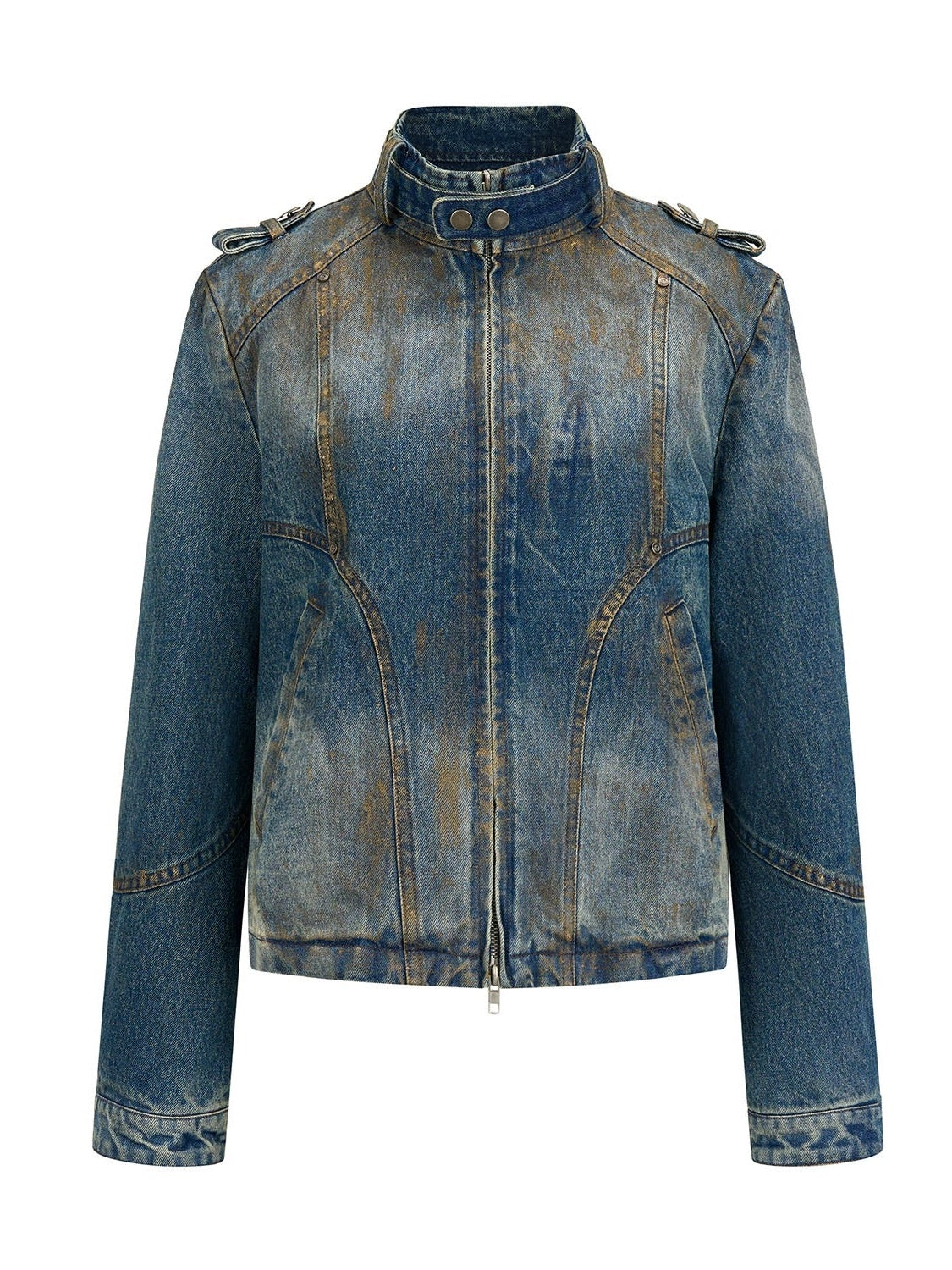 Stand-Collar Denim Short Jacket