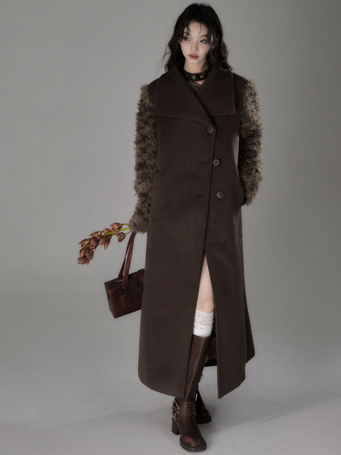 Plush Fur Sleeve Splicing Stand Collar Coat