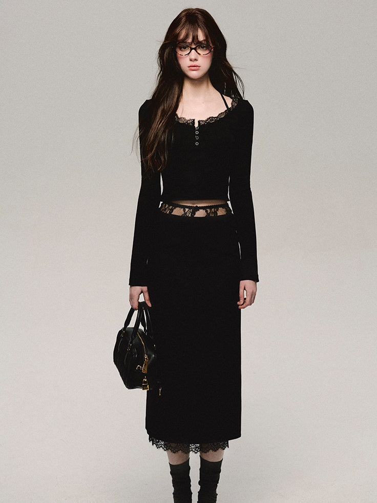 Low-waist Lace Splicing Straight Skirt