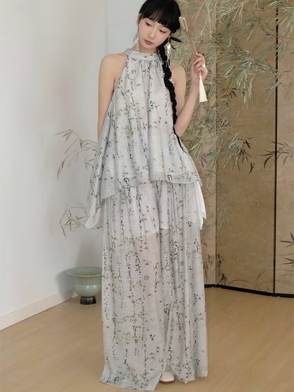 Chinese Style Straight Printed Wide-leg Pants