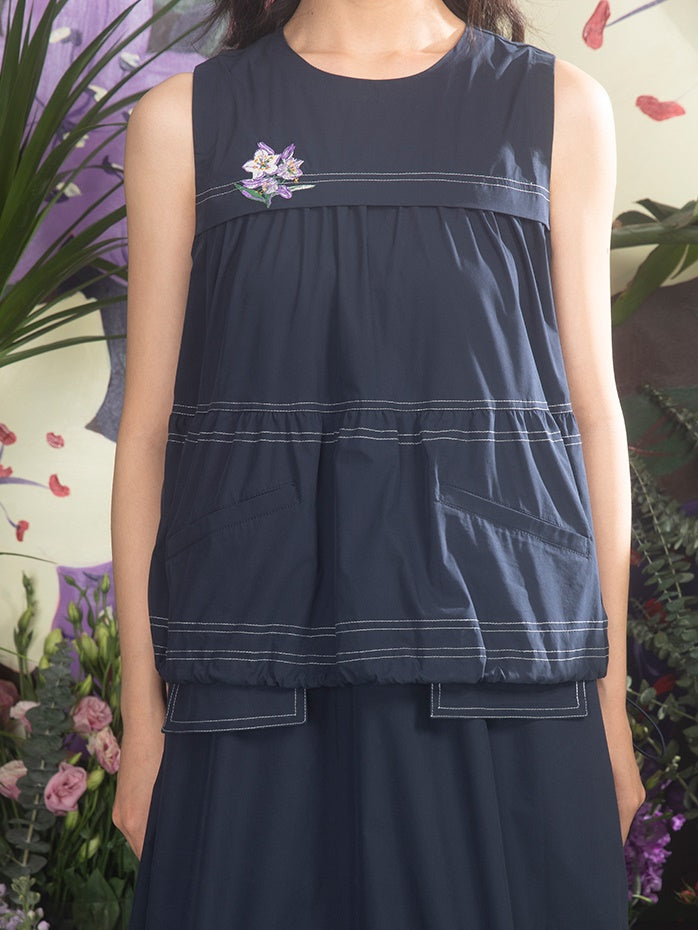 Cherry Blossom Embroidery Sleeveless A-Line Gather One-piece