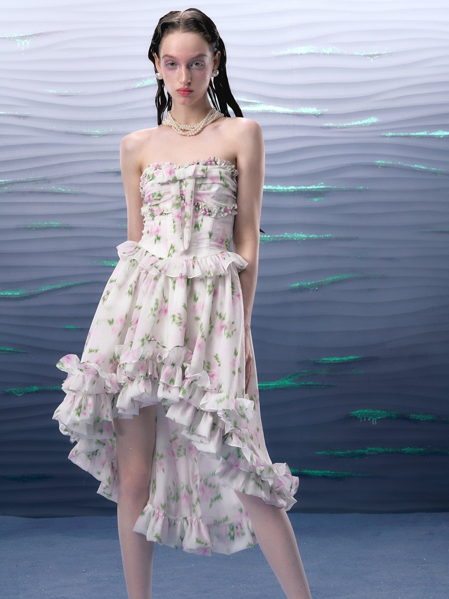 Flower Bow Bare Top Frill Fishtail Dress