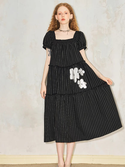 Puff Sleeve Flower Stripe Loose Tiered One-piece