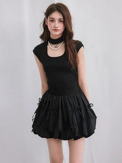 Hollow Stand-up Collar Bow Flower Bud Short Dress