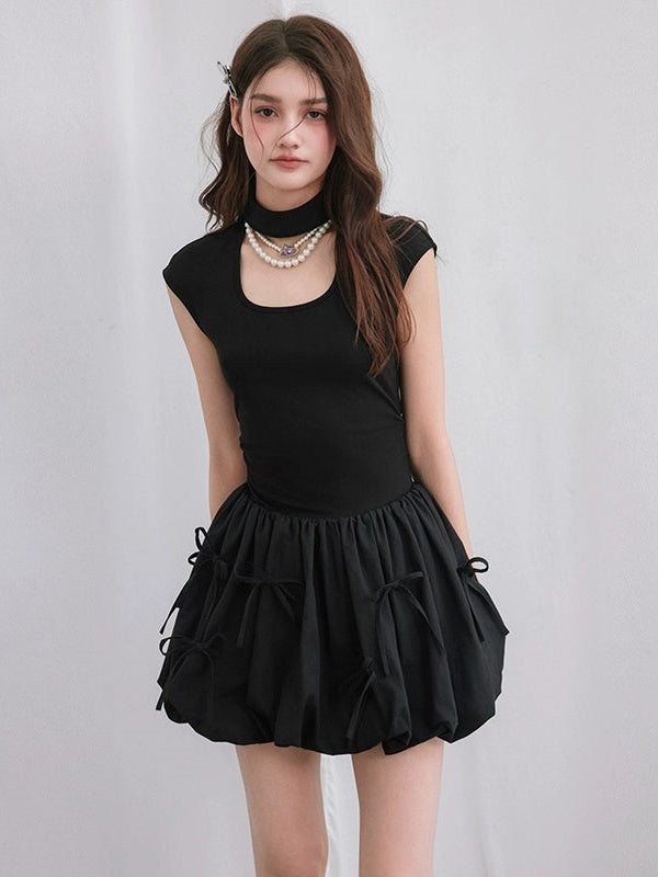 French Sleeve Romantic Cut-out Stand Collar Bow Bud Dress