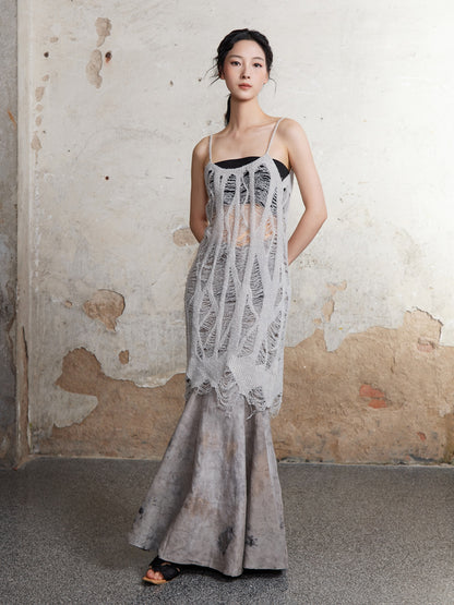 Plant-dyed Mermaid Long Skirt &amp; Hollow Knitted Long Camisole