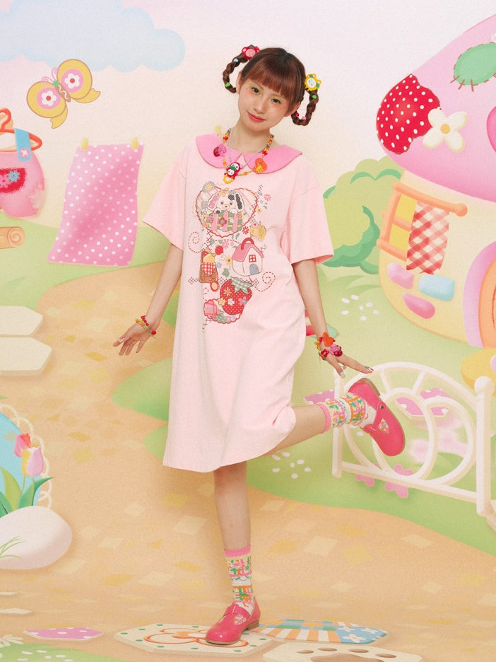 Doll Collar Printed Short-sleeved T-shirt One-piece