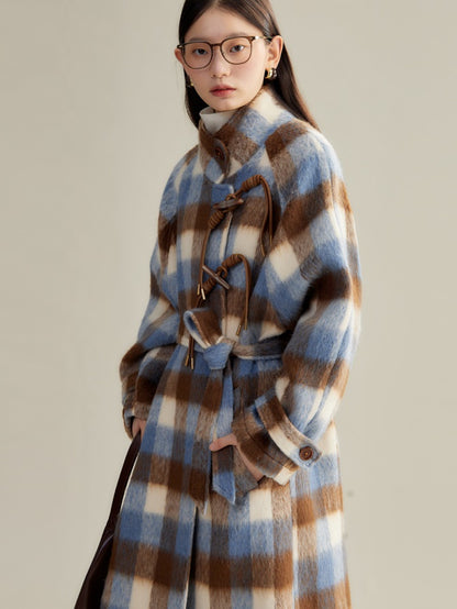 Retro Plaid Stand Collar Toggle Coat