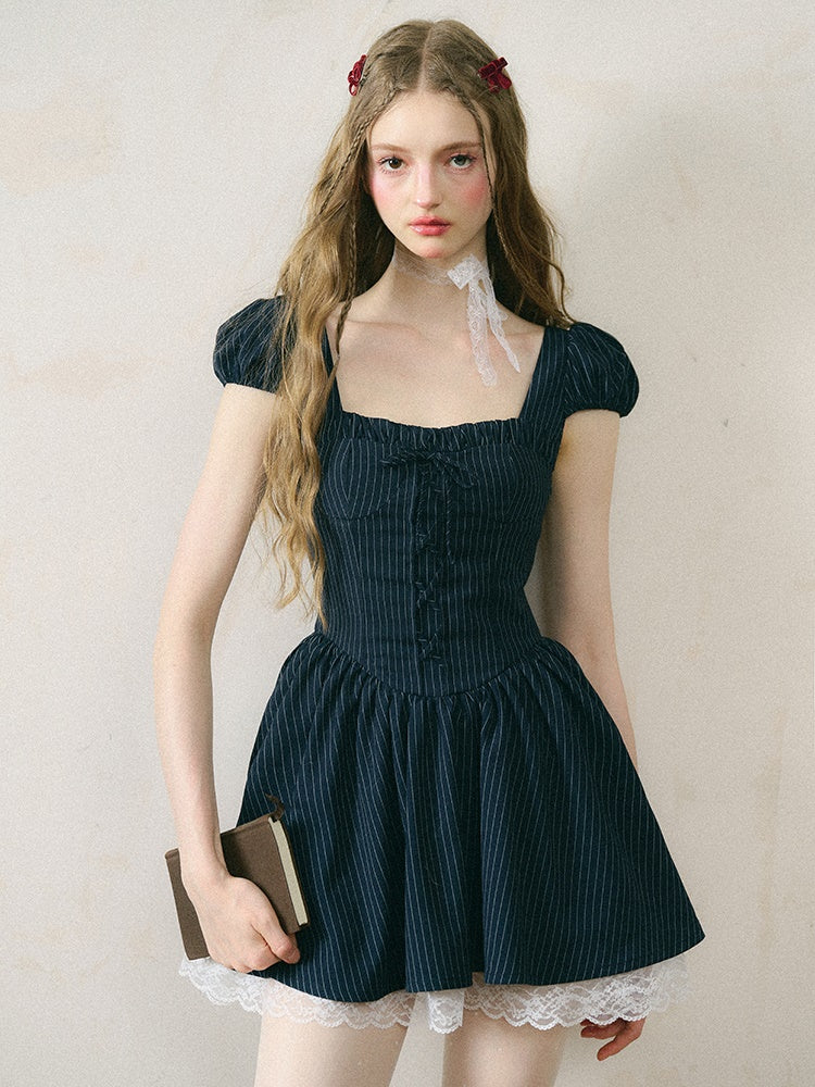 Strappy Bow Lace Striped Puff Sleeve One-piece