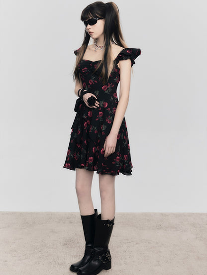 Rose Floral Belt Chest Strap Dress