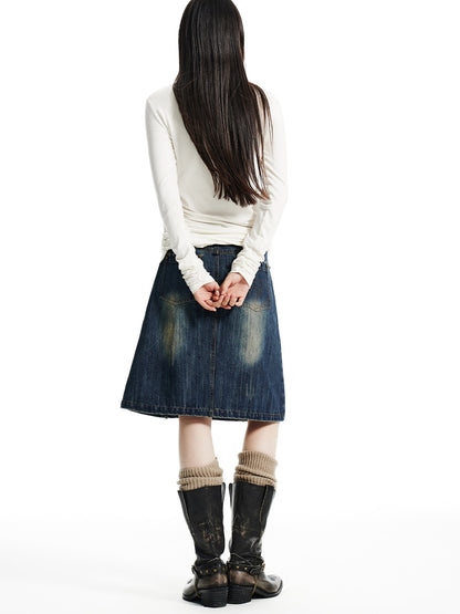 Distressed Washed Denim A-line Mid-length Skirt