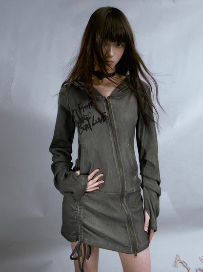 Washed Old Pocket Zipper Hooded One-piece