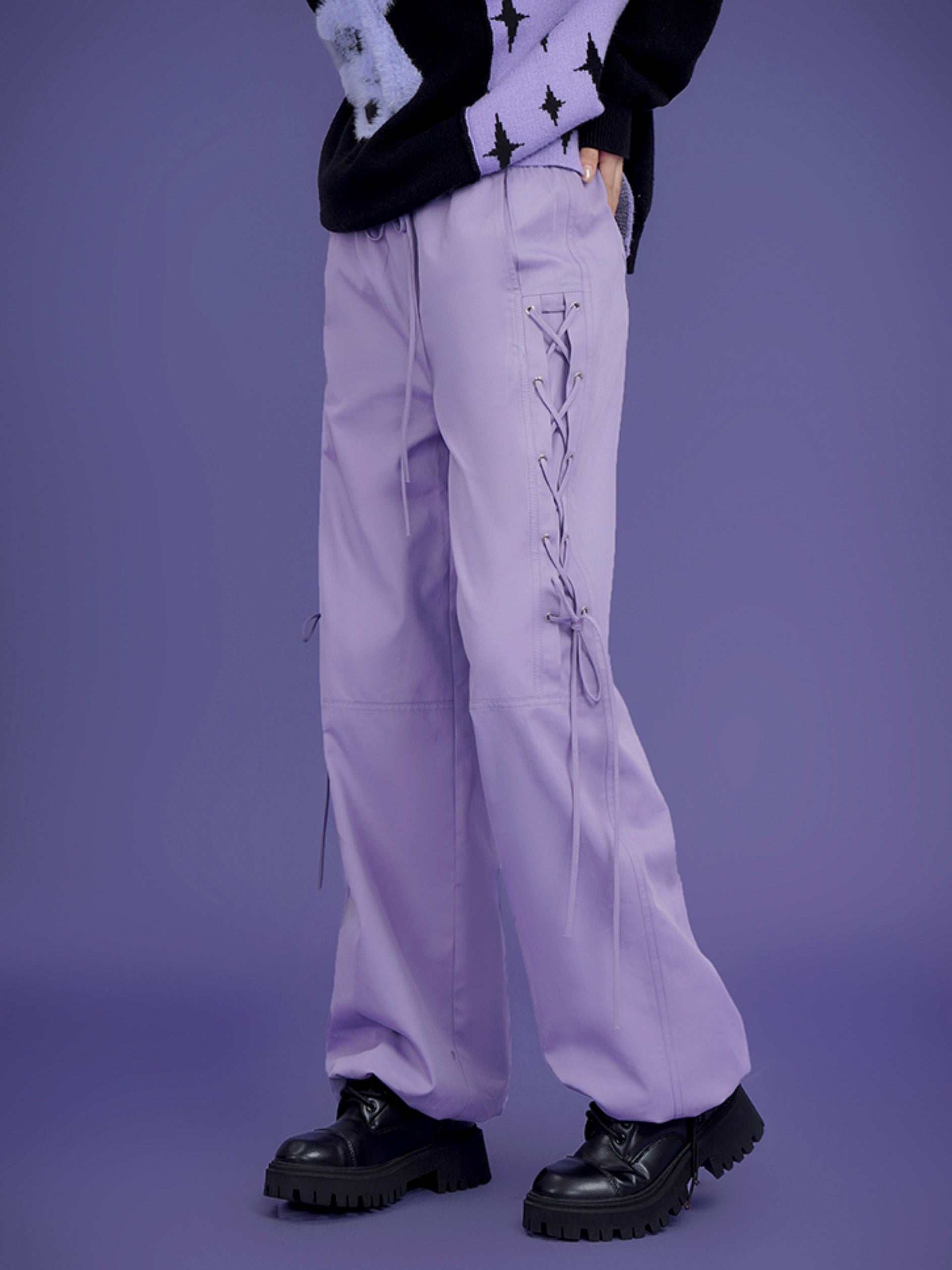 Side Lace-Up Heart Pocket Casual Pants