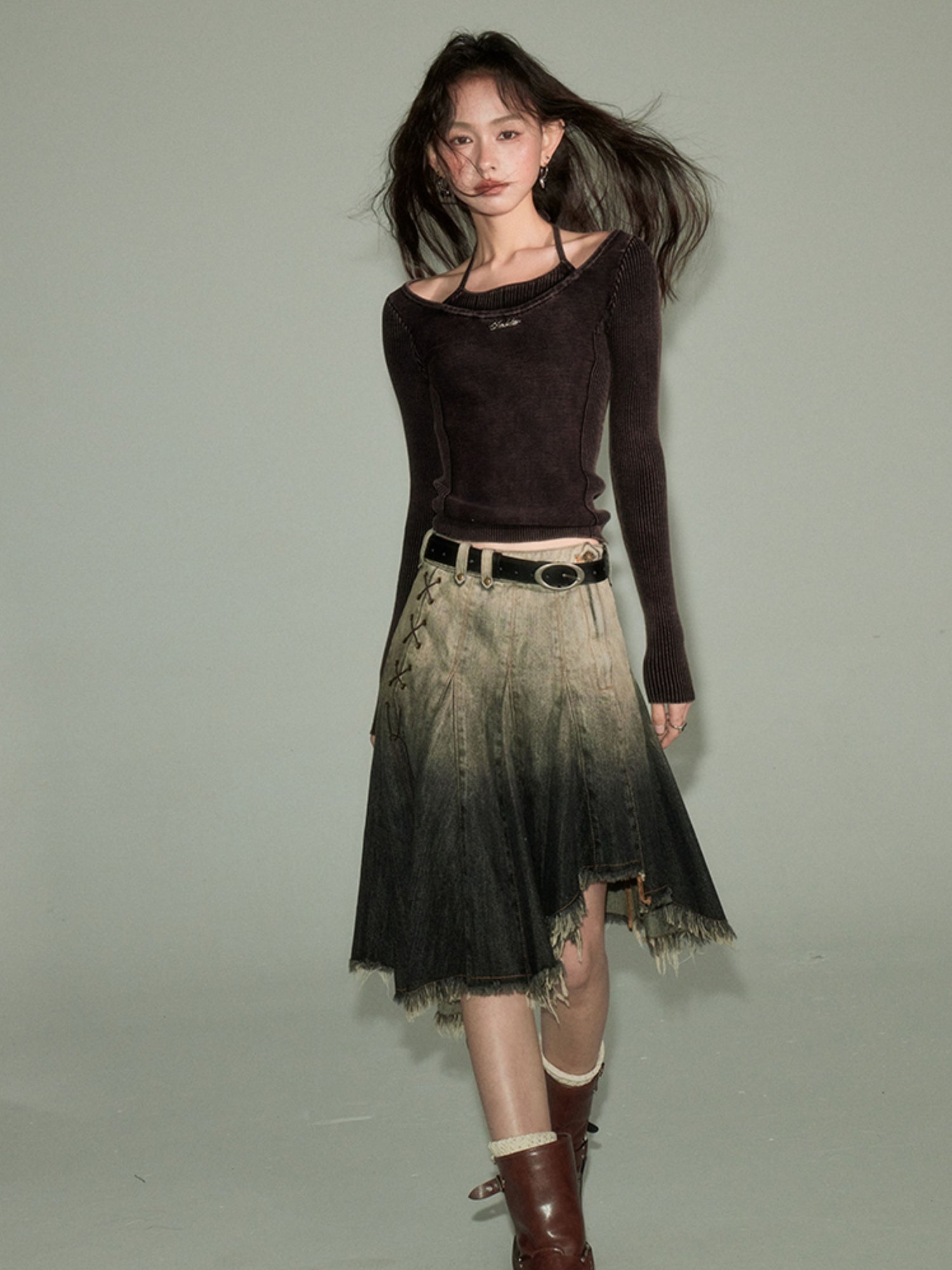 Gradient Bandage Irregular Hem Denim Skirt