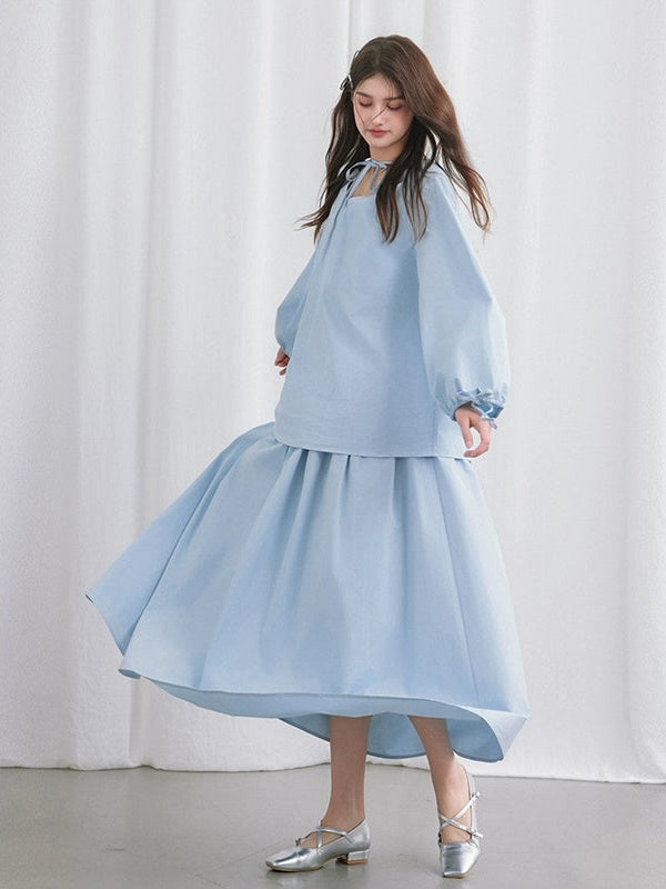 V-neck 2Way Long-sleeve Ribbon Shirtle &amp; Long Skirt