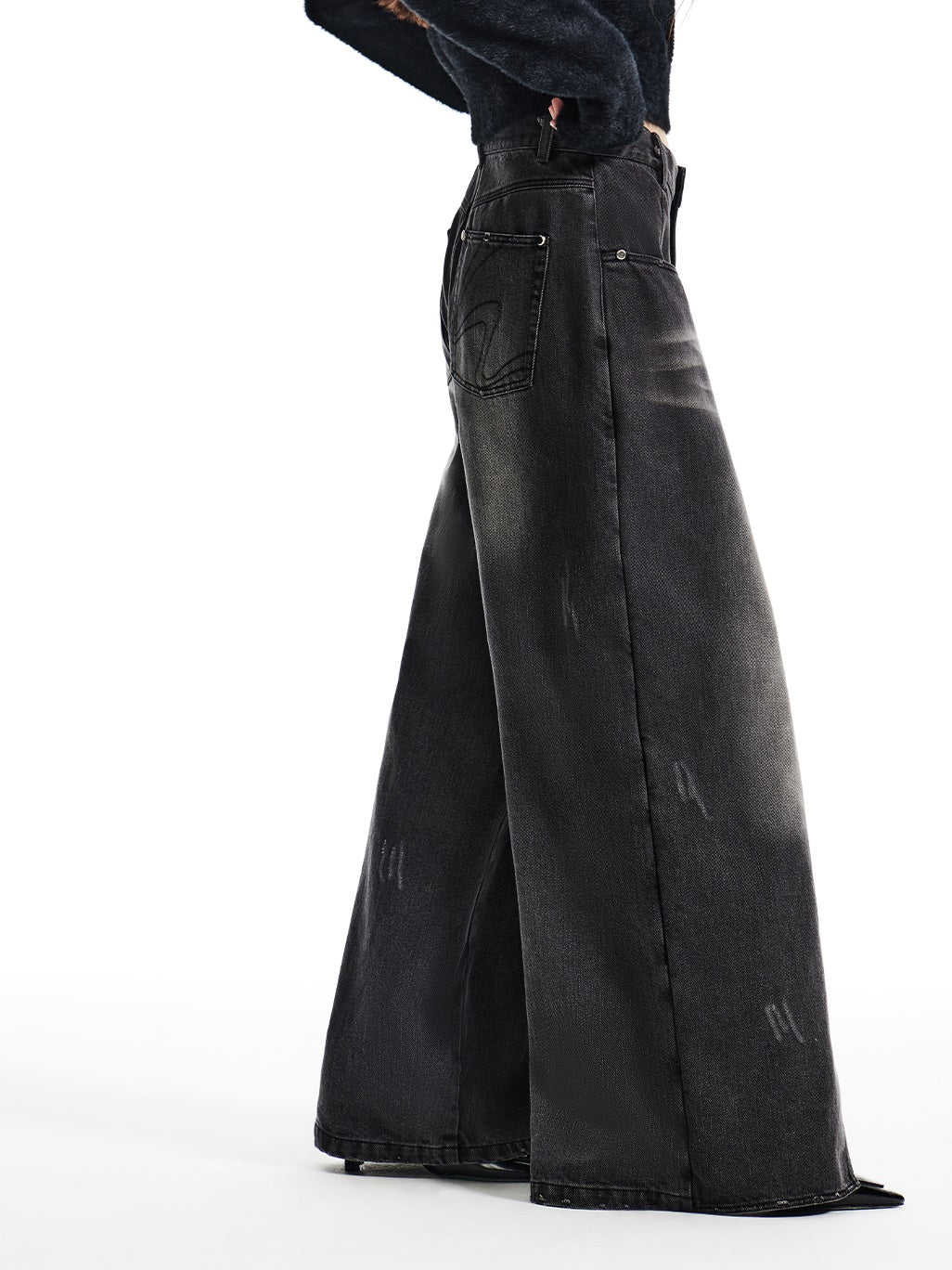 Washed Layered Design Wide-leg Jeans