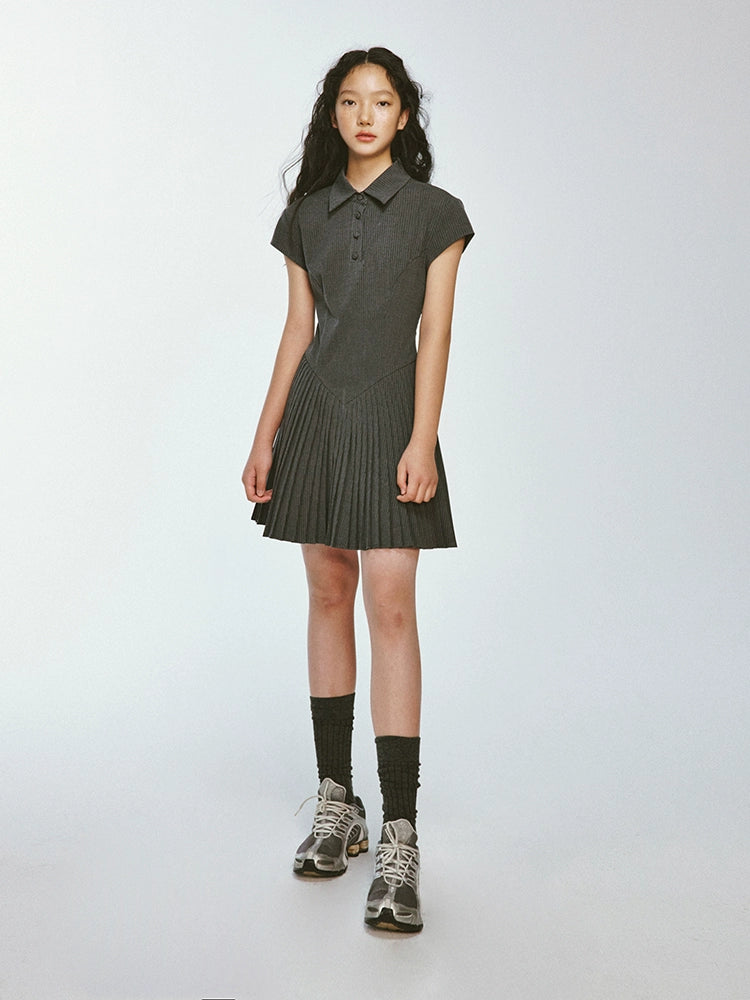 College Style Pleated Stitching Striped Polo Dress