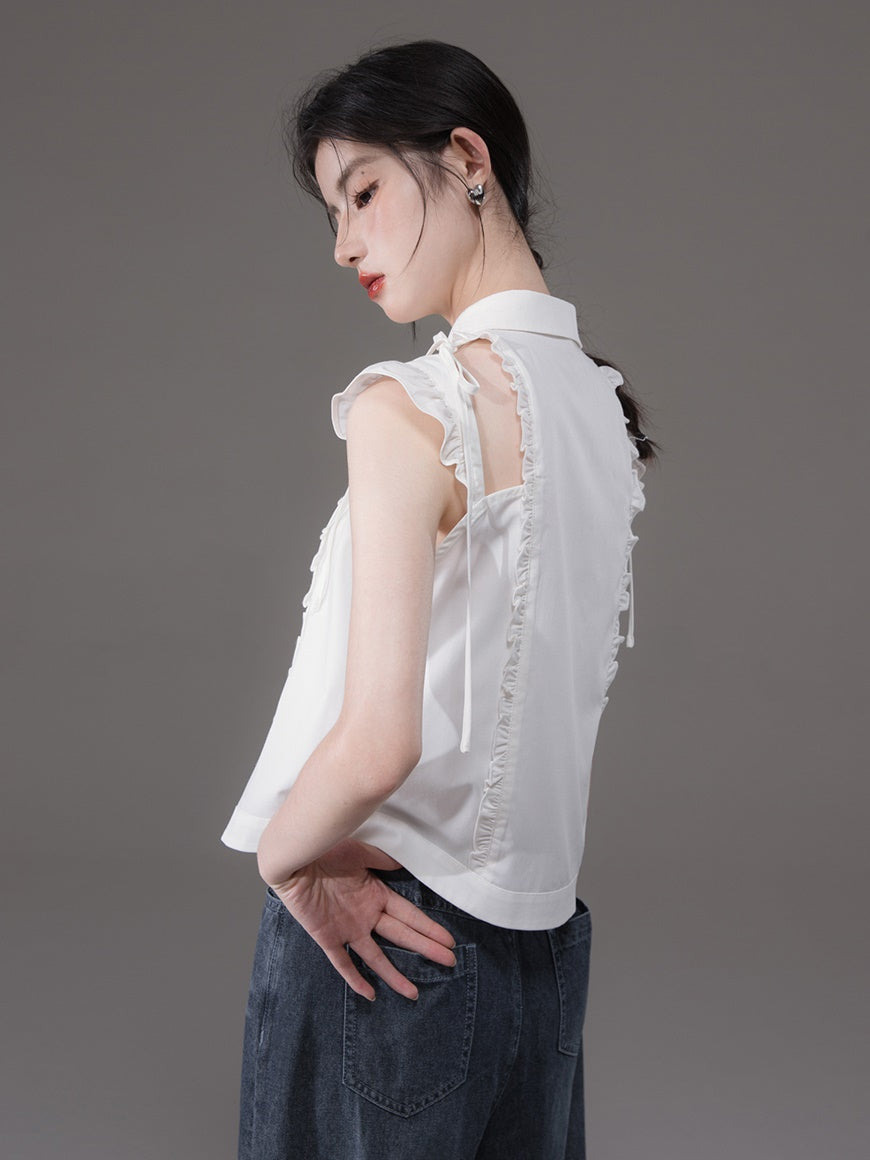 Small Flying Sleeves Hollow Strap Shirt