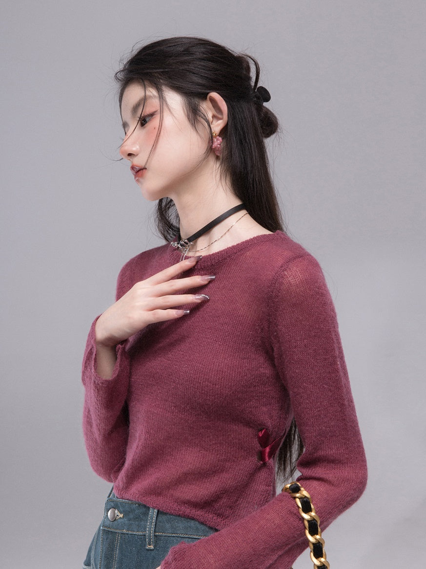 Slit Ribbon Cropped Knit Top