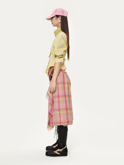 Plaid Brushed Tassel Wrap Design Gaucho Pants