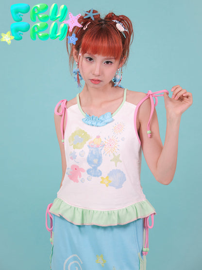 Y2K Niche Dolphin Print Fake Two-piece Camisole