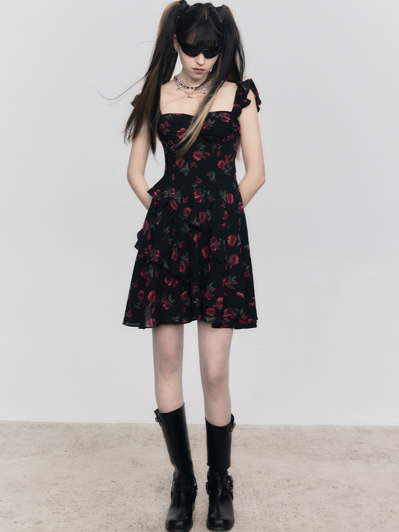 Rose Floral Belt Chest Strap Dress