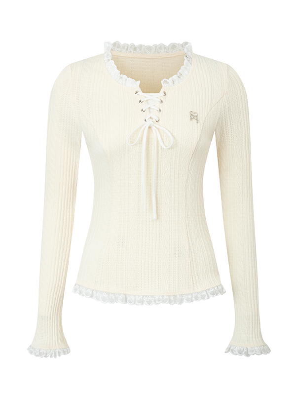 Lace Stitch Knitted Long-sleeved T-Shirt