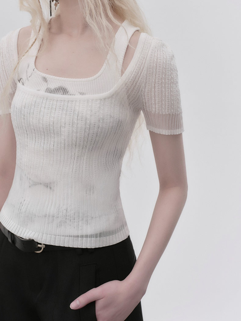 Square Collar Transparent Knitted Short-Sleeed T-Shirt