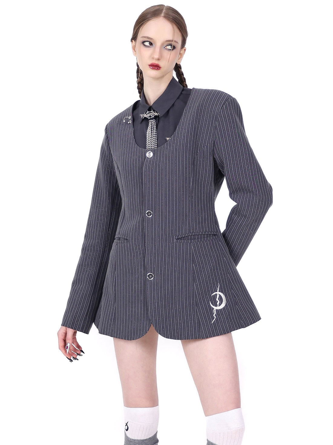 Hollow Hanging Ring Stripe No-Collar Jacket