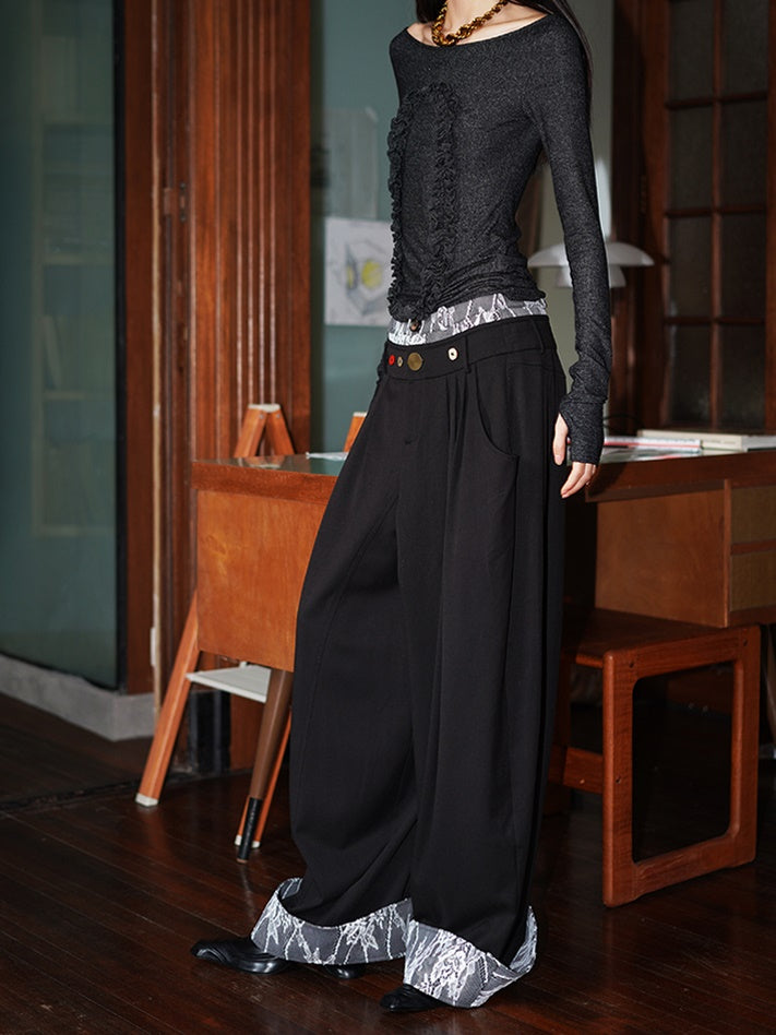 Lace Splicing Flap Loose Wide Leg Pants