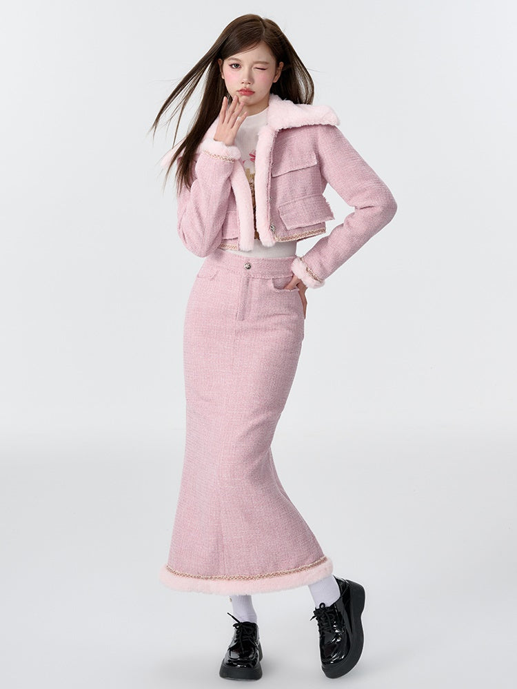 Contrast Color Fur Collar Tweed Padded Jacket &amp; Skirt