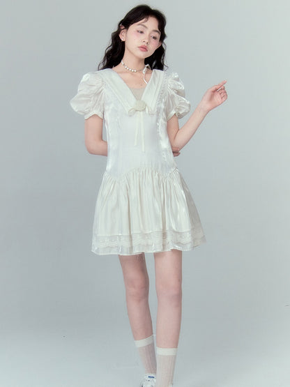 V-neck Rose Streamer Puff Sleeve Dress