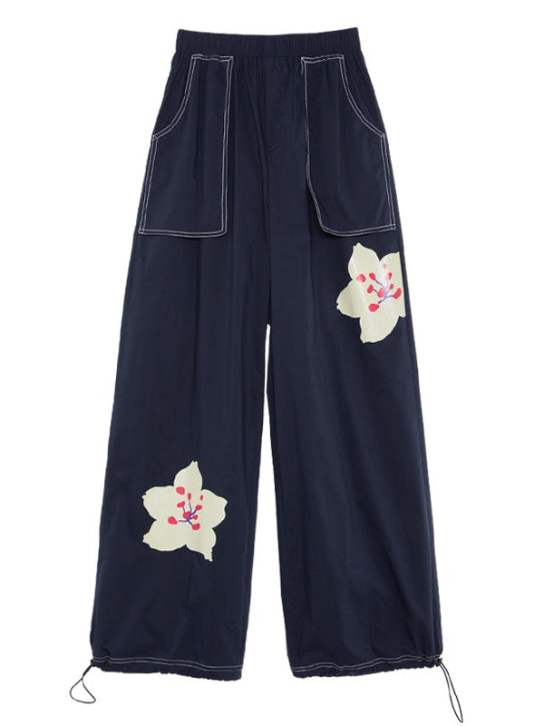 Cherry Blossom Print Straight Casual Trousers