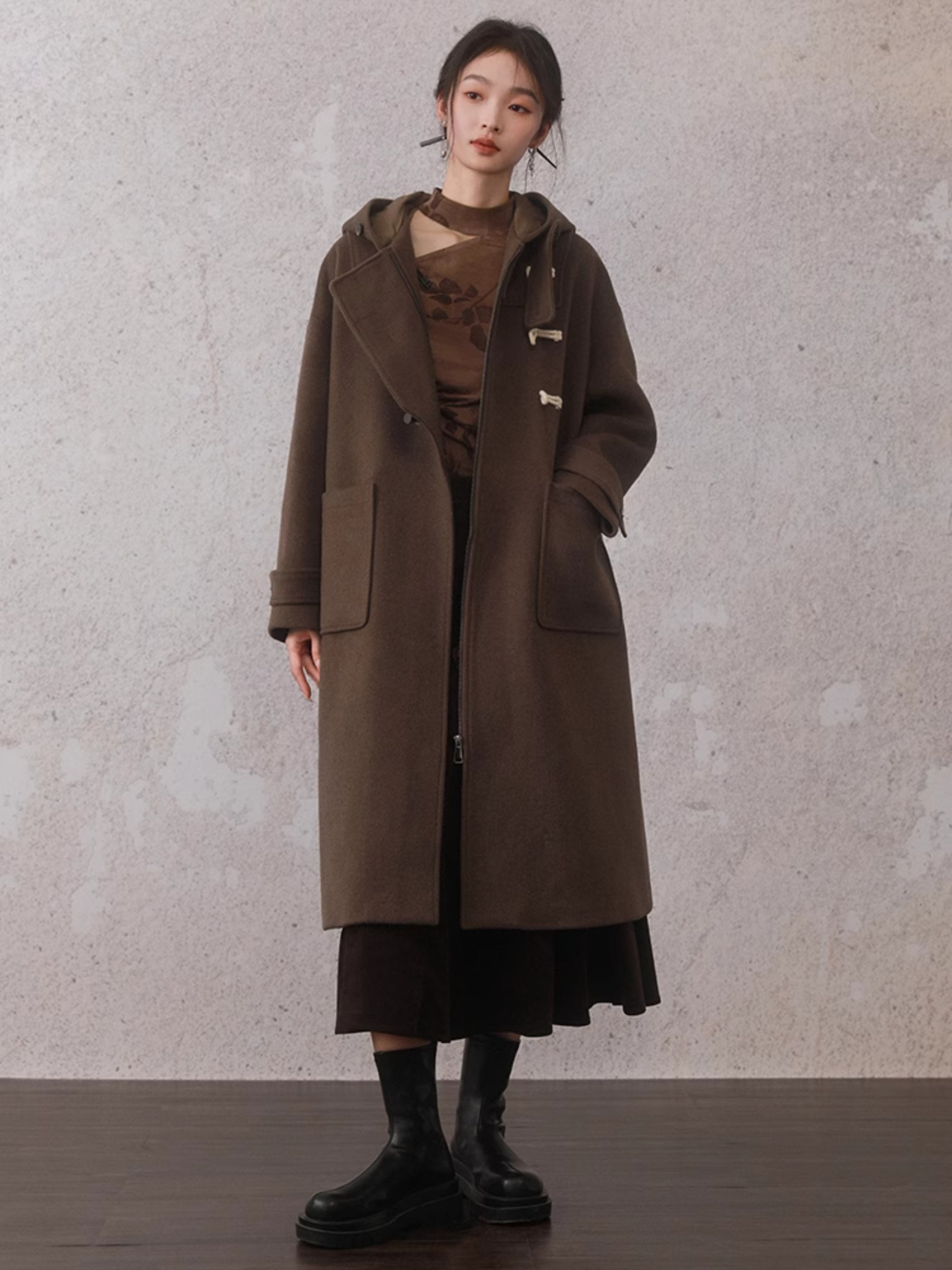 Horn Button Hooded Mid-Length Coat