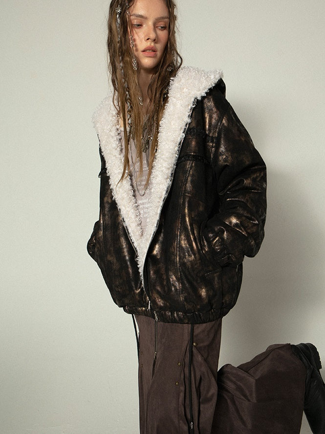 Metallic Fur Reversible Hooded Jacket