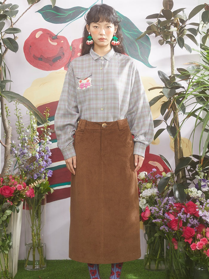 Tulip Embroidered Mid-length Corduroy Straight Skirt