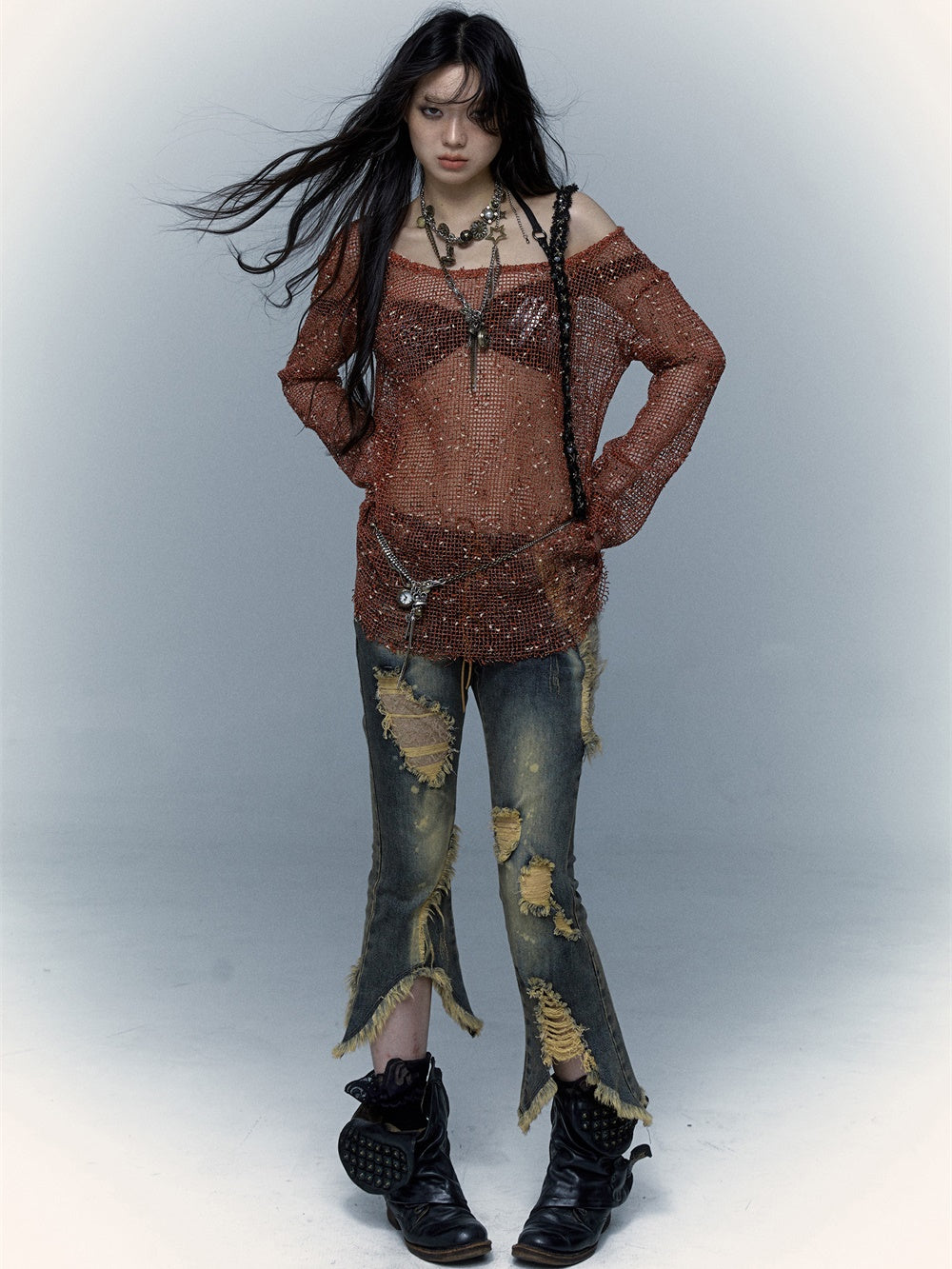 Patchwork Lace Ripped Washed Distressed Cropped Flared Denim Pants