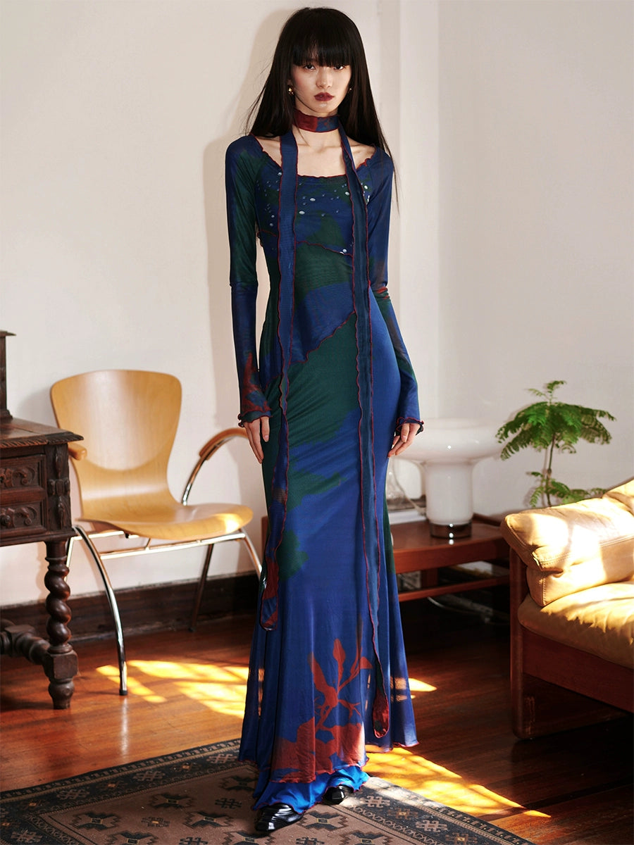 Chinese Style Printed Mesh Slim Long Dress Chinese Style Printed Mesh Slim Long Dress