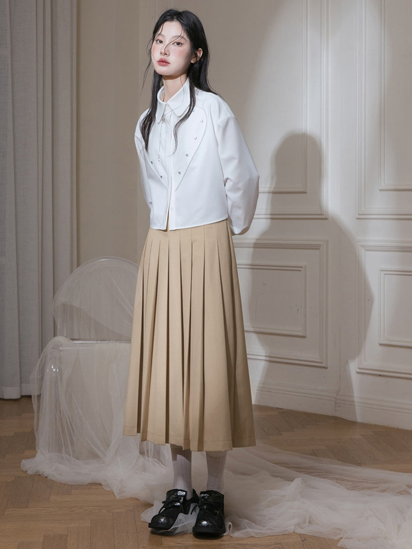 Leather Buckle Pleated Long Skirt